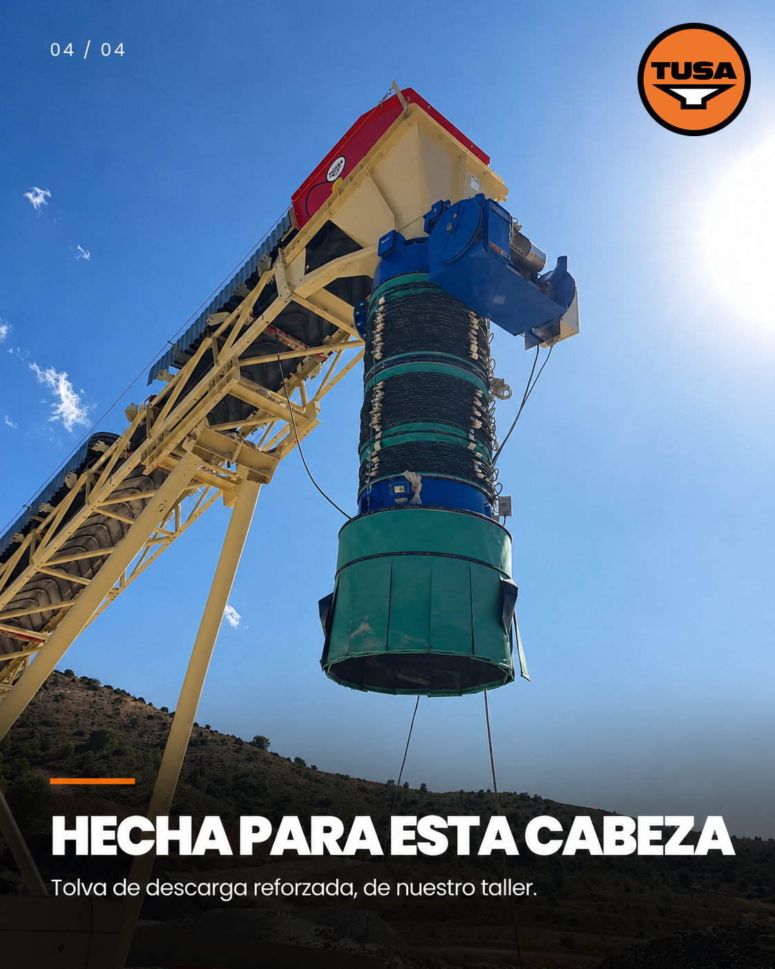 Tolva de descarga reforzada y manga telescópica en la cabeza de la cinta
