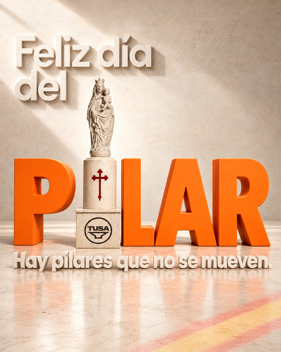 La palabra PILAR en letras naranjas con la Virgen del Pilar de TUSA en el lugar de la I